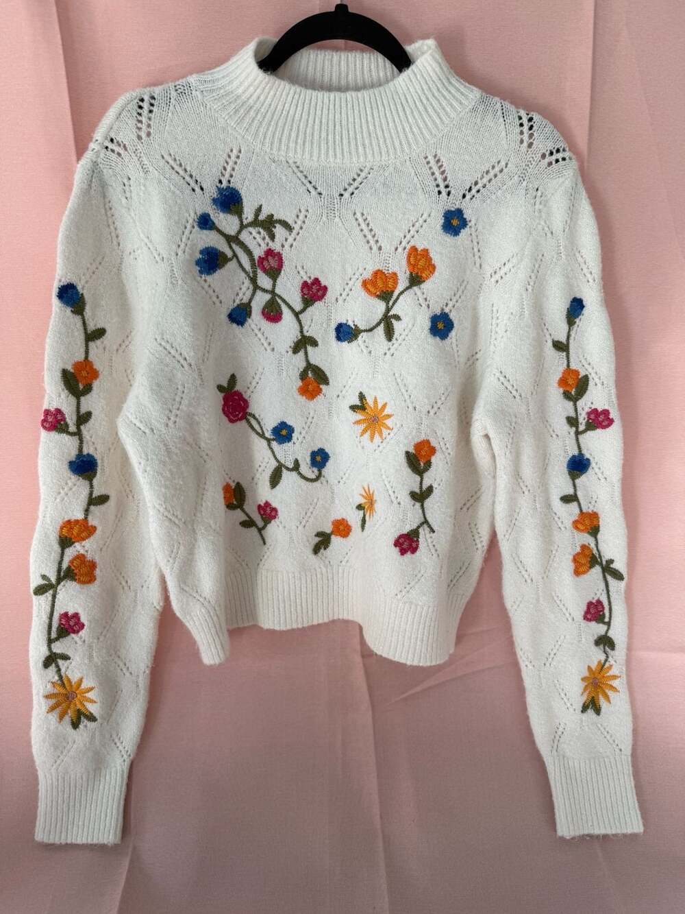 francesca's White Mock Neck Floral Embroidered Pointelle Knit Sweater Size L